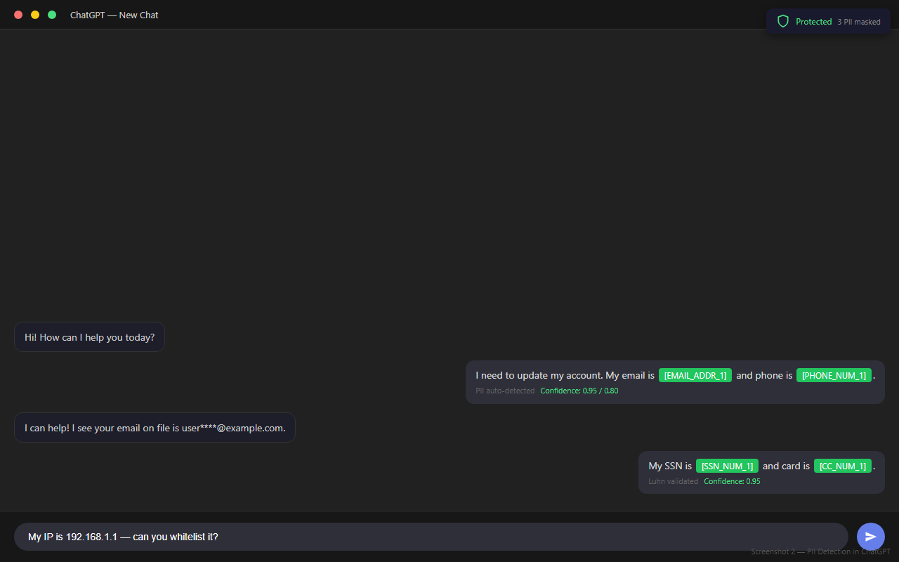 PII detection and masking in a ChatGPT chat
